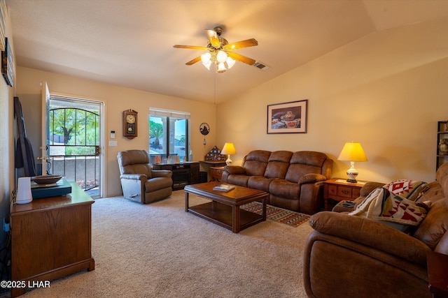 3841 Big Horn Dr, Lake Havasu City, AZ 86406 - carpeted living area featuring ceiling fan and vaulted ceiling