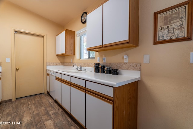 3841 Big Horn Dr, Lake Havasu City, AZ 86406 - kitchen with white cabinets, dishwasher, light countertops, and dark wood-type flooring