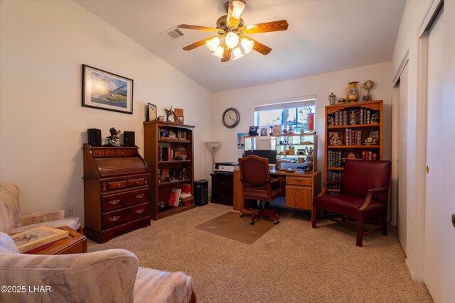 3841 Big Horn Dr, Lake Havasu City, AZ 86406 - home office featuring ceiling fan, light colored carpet, and lofted ceiling
