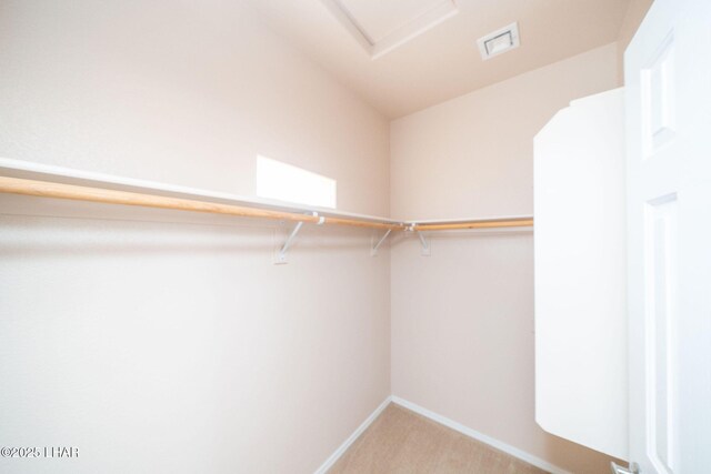 spacious closet featuring light carpet