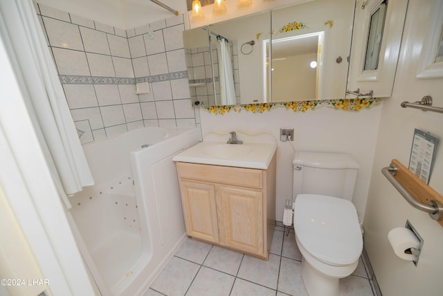 bathroom with tile patterned flooring, vanity, toilet, and a shower with curtain