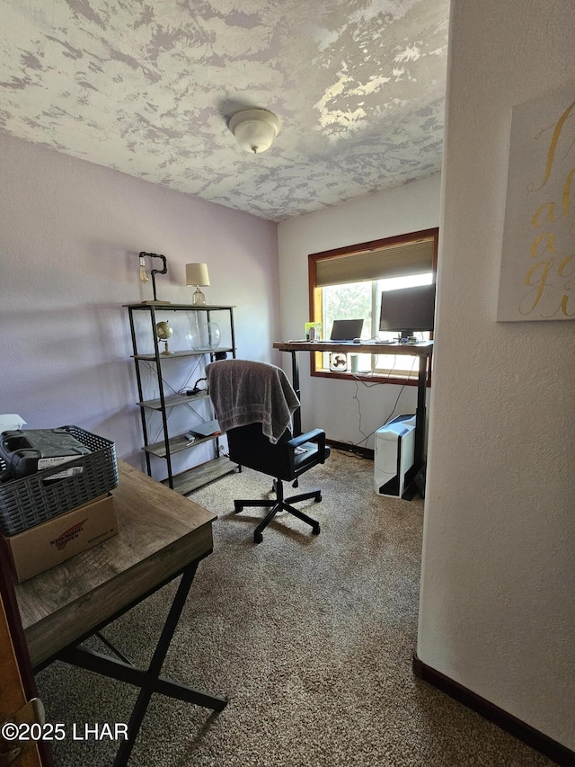 office space featuring a textured ceiling, baseboards, carpet flooring, and a textured wall