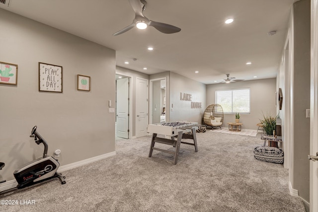 recreation room featuring recessed lighting, carpet, and a ceiling fan