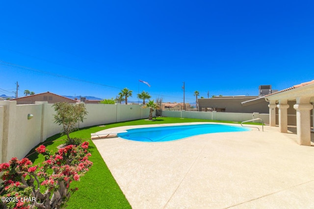 view of pool featuring a patio area, a fenced backyard, and a fenced in pool