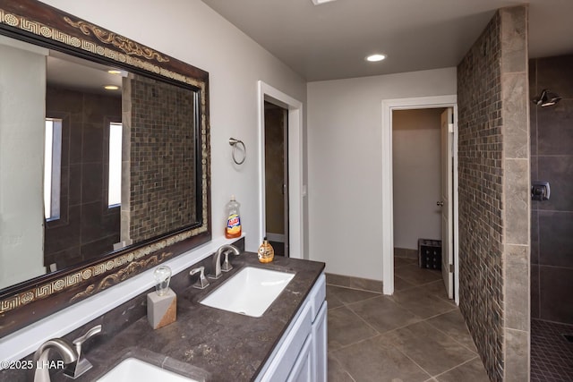 881 Bryce Ct, Lake Havasu City, AZ 86406 - bathroom with tile patterned flooring, tiled shower, double vanity, and recessed lighting