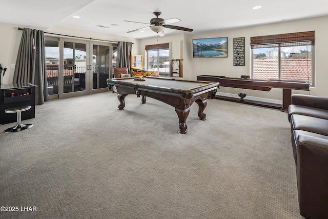 8652 Hopi Dr, Parker, AZ 85344 - rec room with billiards table, french doors, carpet, ceiling fan, and recessed lighting
