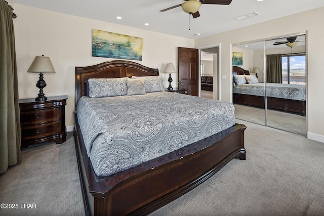 8652 Hopi Dr, Parker, AZ 85344 - bedroom with light carpet, recessed lighting, a closet, and a ceiling fan