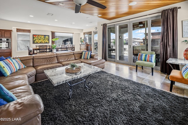 8652 Hopi Dr, Parker, AZ 85344 - living area featuring ceiling fan, french doors, recessed lighting, light tile patterned floors, and wood ceiling
