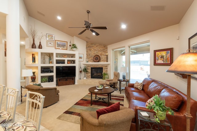 living area featuring visible vents, ceiling fan, carpet floors, a fireplace, and recessed lighting