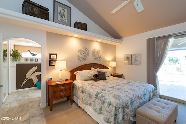 bedroom featuring access to exterior, high vaulted ceiling, baseboards, and a ceiling fan