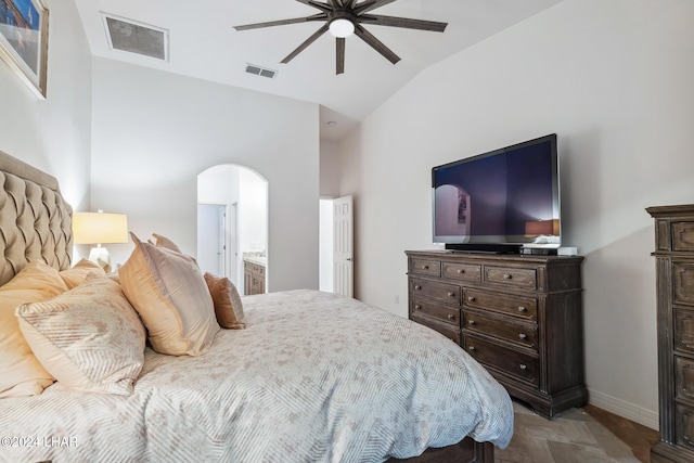 bedroom with ceiling fan and lofted ceiling