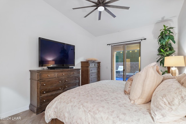 bedroom featuring lofted ceiling, access to exterior, light tile patterned floors, and ceiling fan