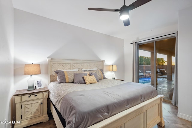 bedroom featuring tile patterned flooring, access to outside, and ceiling fan