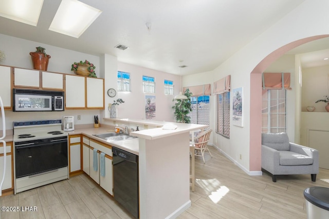 kitchen featuring sink, dishwasher, white electric range oven, white cabinets, and kitchen peninsula