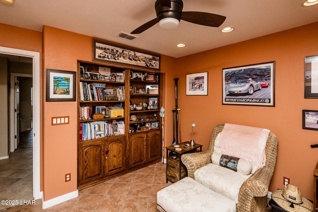 2641 Palo Verde Blvd N, Lake Havasu City, AZ 86404 - sitting room with light tile patterned floors, visible vents, baseboards, ceiling fan, and recessed lighting