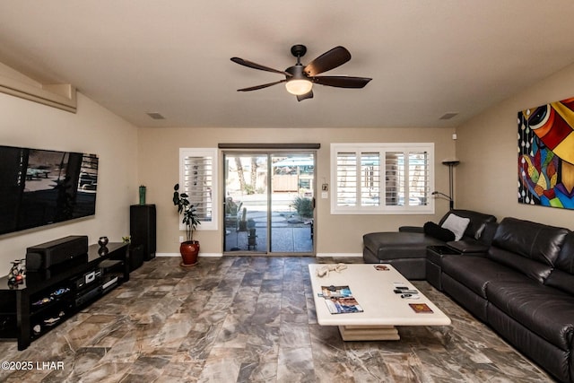 2641 Palo Verde Blvd N, Lake Havasu City, AZ 86404 - living room featuring ceiling fan, visible vents, and baseboards