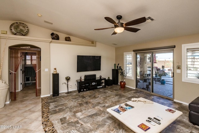 2641 Palo Verde Blvd N, Lake Havasu City, AZ 86404 - living room with lofted ceiling, baseboards, visible vents, and a ceiling fan