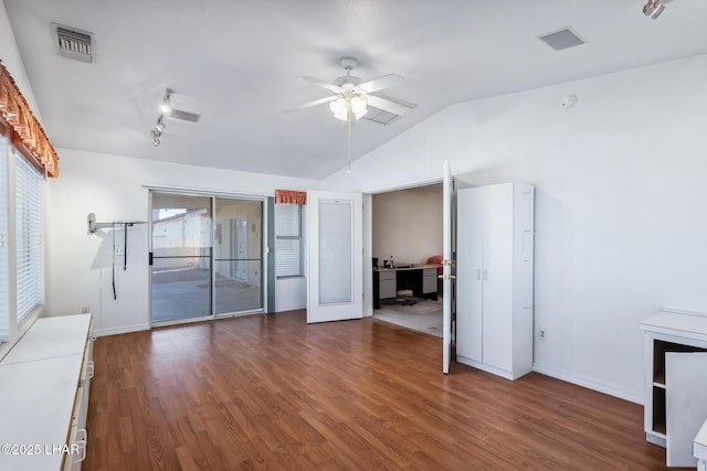 2974 Caravelle Dr, Lake Havasu City, AZ 86406 - unfurnished room featuring a ceiling fan, wood finished floors, lofted ceiling, and baseboards