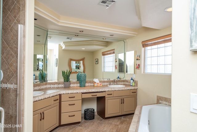 1351 London Bridge Rd Unit 2, Lake Havasu City, AZ 86404 - full bath with double vanity, a bath, visible vents, a sink, and tile patterned floors