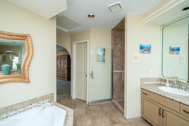 1351 London Bridge Rd Unit 2, Lake Havasu City, AZ 86404 - bathroom featuring vanity, recessed lighting, a shower stall, visible vents, and a garden tub