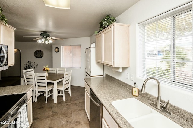 kitchen with stainless steel dishwasher, light countertops, ceiling fan, and a sink