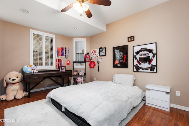 bedroom featuring ceiling fan, baseboards, wood finished floors, and recessed lighting