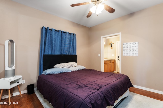 bedroom featuring ceiling fan, wood finished floors, and baseboards