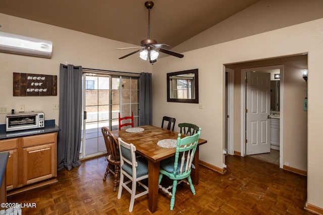 2613 Packet Ln, Lake Havasu City, AZ 86403 - dining area with a ceiling fan, a wall mounted AC, lofted ceiling, baseboards, and a toaster