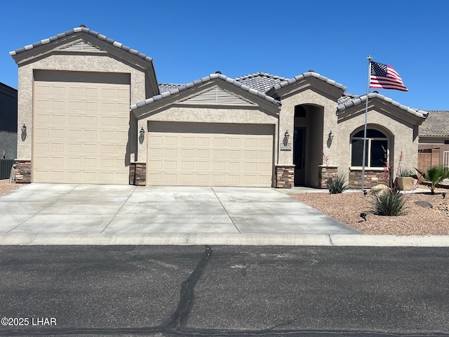 1737 E Alder Cir, Lake Havasu City, AZ 86404 - view of front facade with an attached garage, stone siding, stucco siding, driveway, and a tile roof