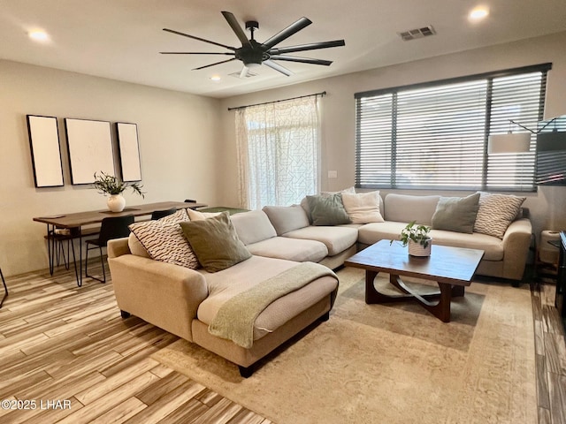 1737 E Alder Cir, Lake Havasu City, AZ 86404 - living room featuring a ceiling fan, light wood-type flooring, and recessed lighting