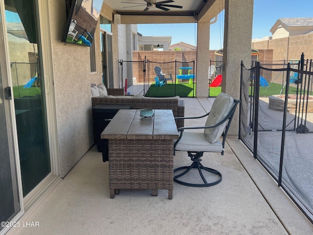 1737 E Alder Cir, Lake Havasu City, AZ 86404 - view of patio / terrace with ceiling fan and fence