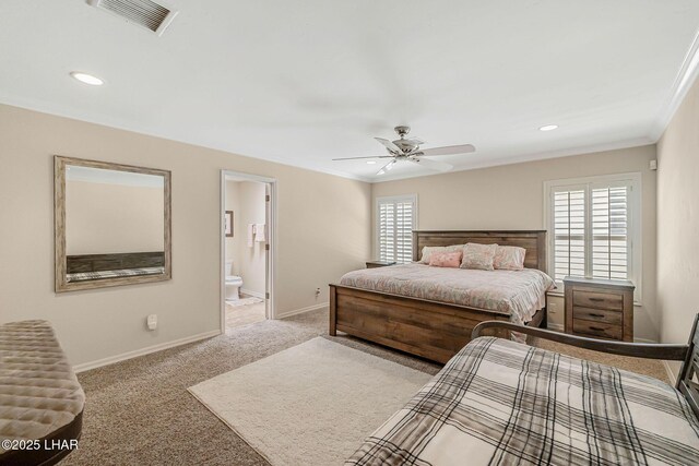 8874 Papago Loop, Parker, AZ 85344 - carpeted bedroom with recessed lighting, ensuite bath, crown molding, and ceiling fan