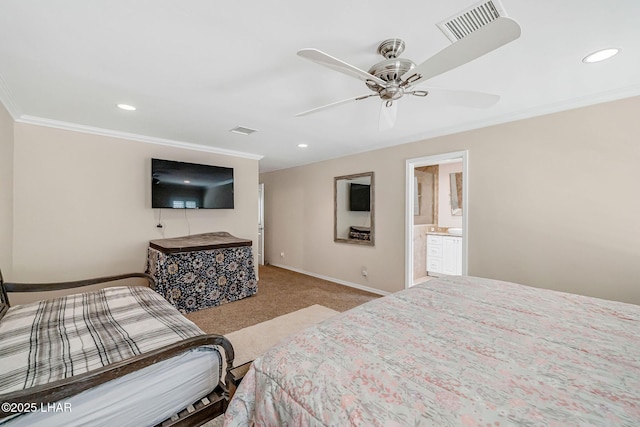8874 Papago Loop, Parker, AZ 85344 - bedroom with carpet floors, ornamental molding, recessed lighting, ceiling fan, and connected bathroom