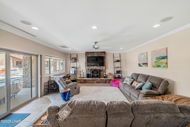 8874 Papago Loop, Parker, AZ 85344 - living room with crown molding, ceiling fan, tile patterned flooring, a fireplace, and recessed lighting