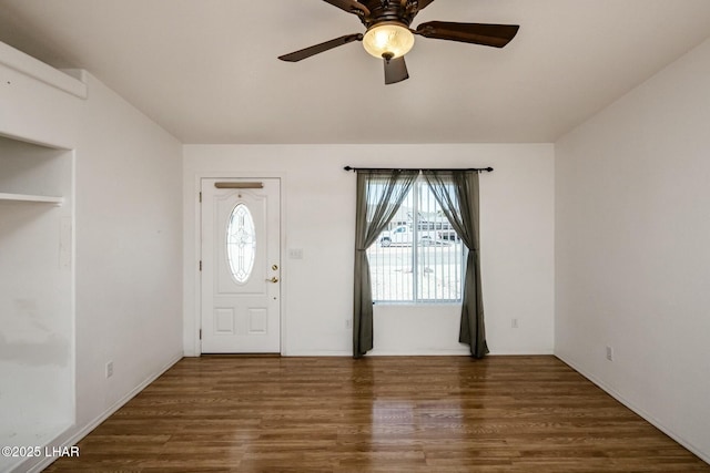 entryway with a ceiling fan and wood finished floors