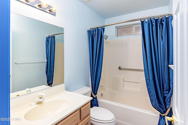 full bathroom with toilet, a textured wall, shower / bath combo with shower curtain, and vanity