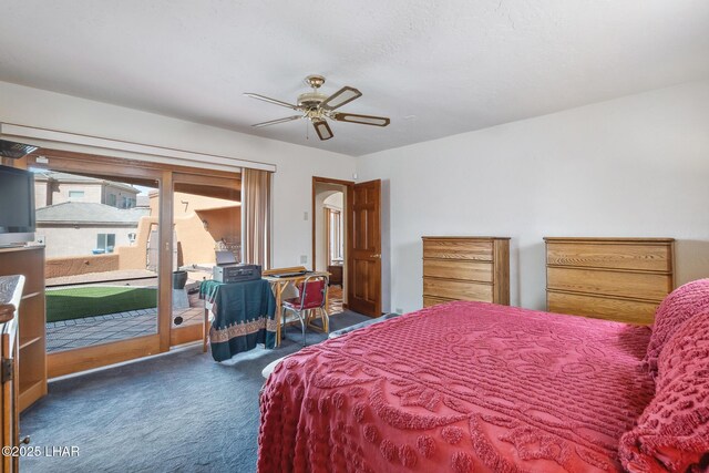 carpeted bedroom with a ceiling fan and access to exterior