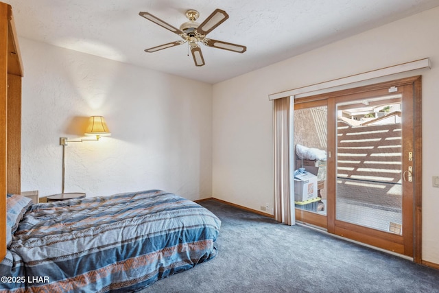 bedroom with carpet floors, access to outside, baseboards, and a ceiling fan