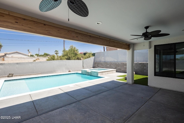 2185 Palo Verde Blvd S, Lake Havasu City, AZ 86403 - view of swimming pool with a ceiling fan, a fenced backyard, a pool with connected hot tub, and a patio area