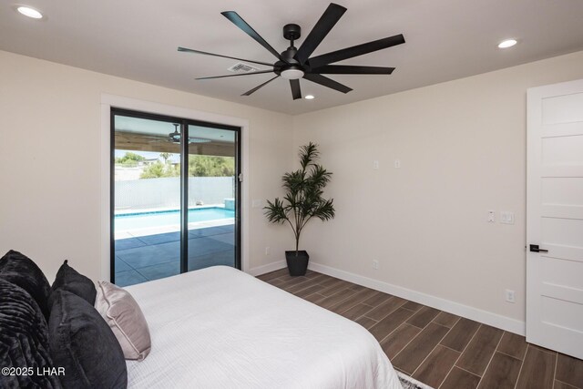2185 Palo Verde Blvd S, Lake Havasu City, AZ 86403 - bedroom featuring access to exterior, dark wood finished floors, recessed lighting, and a ceiling fan
