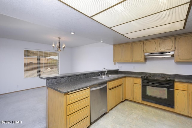 kitchen with stainless steel dishwasher, stove, a sink, a peninsula, and under cabinet range hood