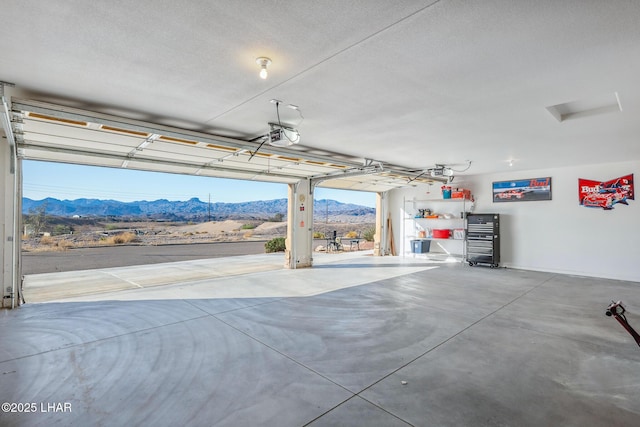 garage with a mountain view and a garage door opener