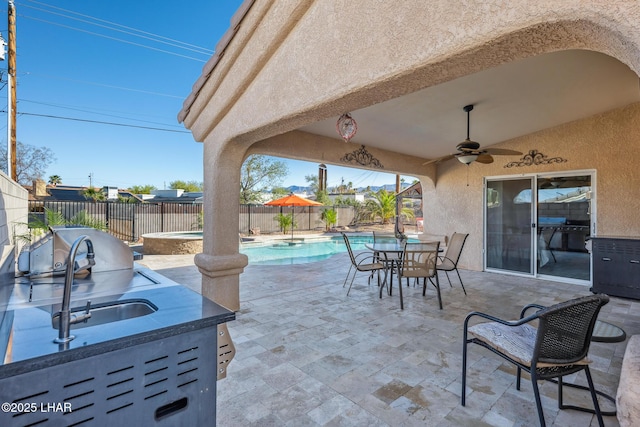 view of patio with a fenced in pool, a grill, a fenced backyard, and ceiling fan