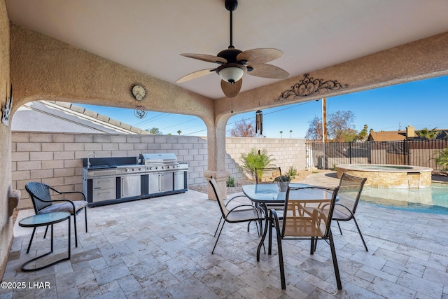 view of patio featuring outdoor dining space, a ceiling fan, a fenced backyard, a grill, and an in ground hot tub