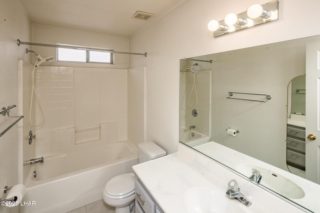 full bath featuring toilet, visible vents,  shower combination, and vanity