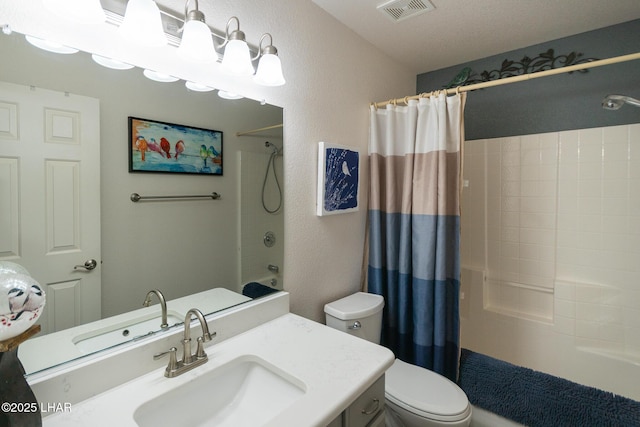 full bath with toilet, visible vents, shower / tub combo, a textured wall, and vanity