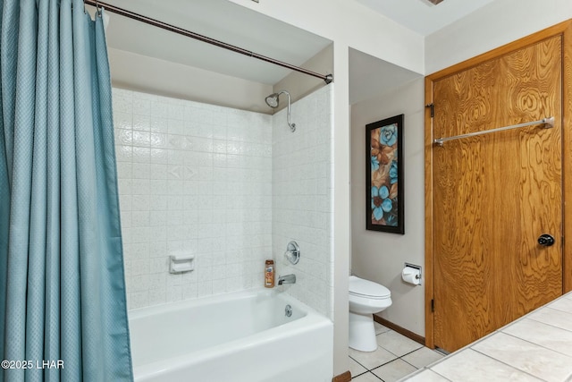 full bathroom with baseboards, tile patterned flooring, toilet, and shower / tub combo with curtain