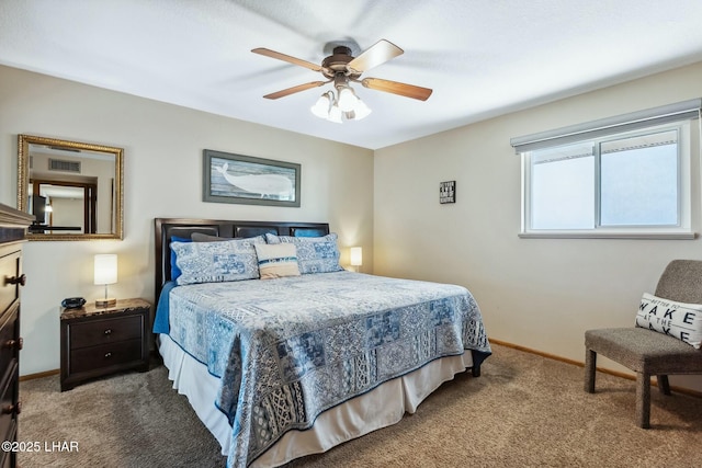 bedroom with light carpet, ceiling fan, visible vents, and baseboards