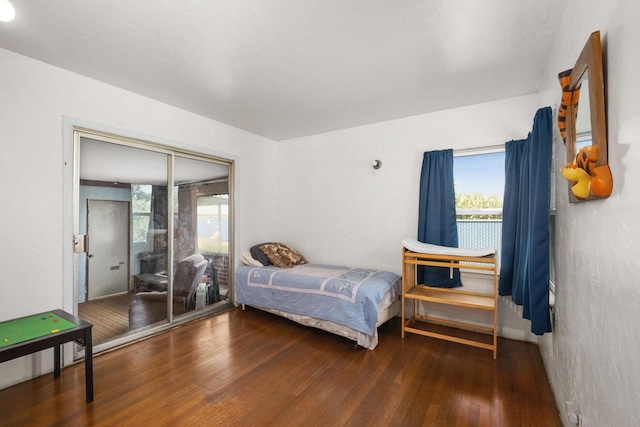 bedroom with wood-type flooring and a closet