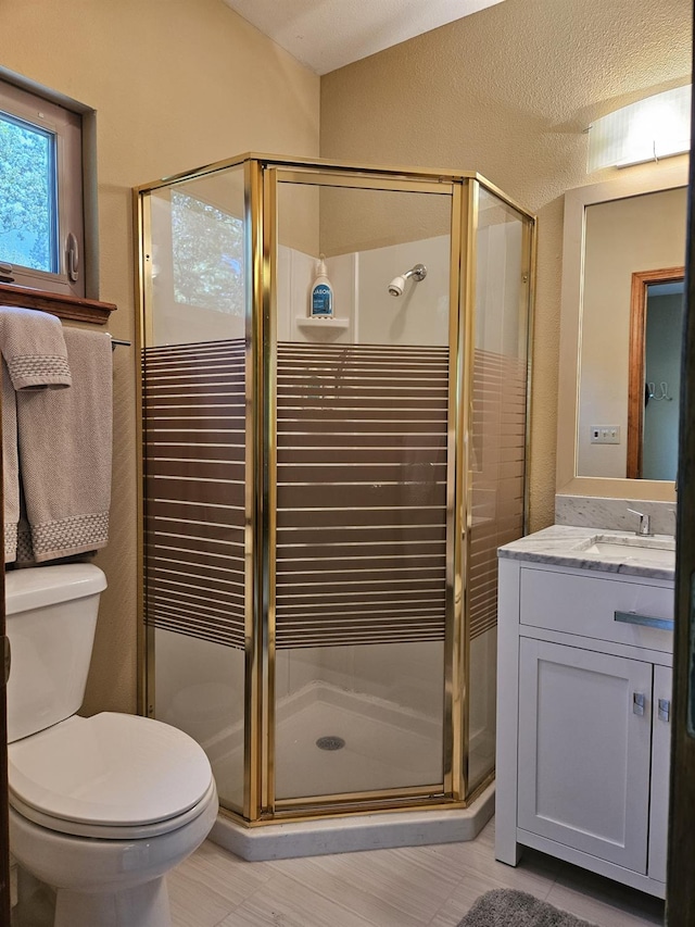 bathroom with an enclosed shower, vanity, and toilet